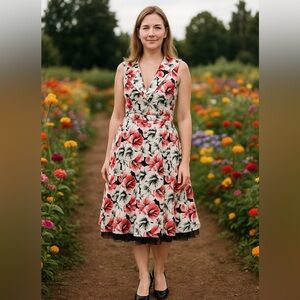 Hearts & Roses Rose Penny Floral Fit & Flare Midi Dress Size 8 Swing Rockabilly